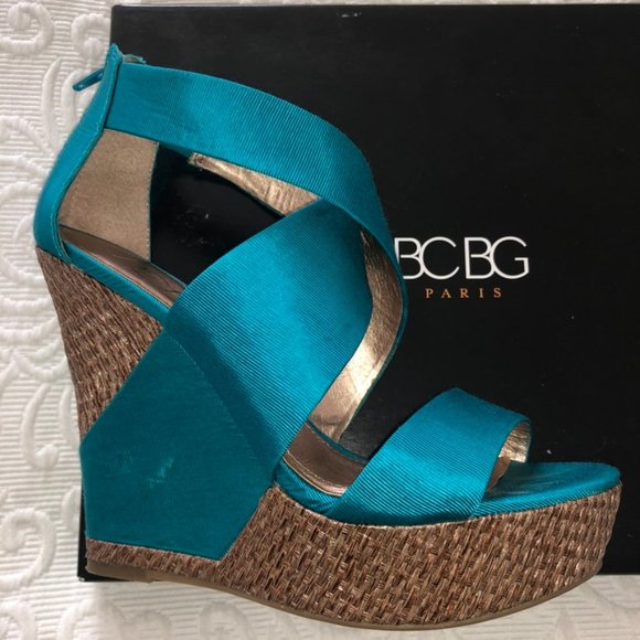 BCBG RANDO Platform Wedge Heel Sandal Teal Fabric Jute Trim Back Zip Sexy 8 - Picture 4 of 13